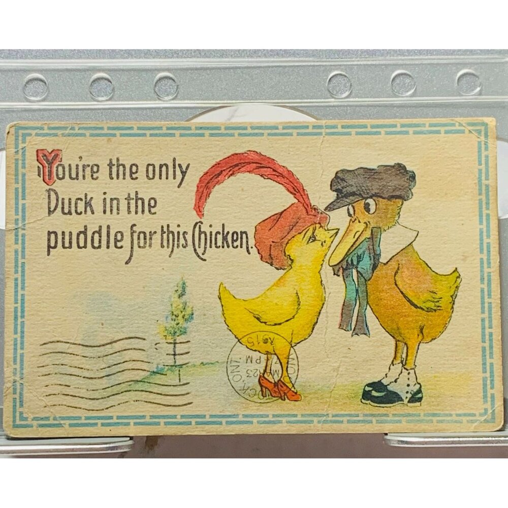 Vintage 1915 Postcard "Youre The Only Duck In The Puddle For This Chicken" With